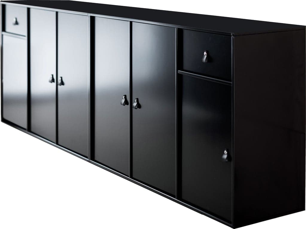 Bilde av Square skjenk (213 x 34, H 71 cm. Modulsystem oppsestt 162, sort lang reol i malt MDF svart, soft-close skuffer, skinnhåndtak)