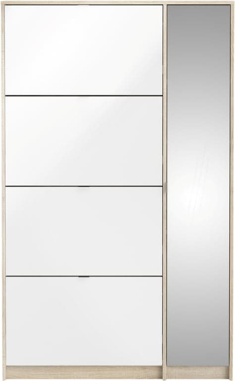 Bilde av Shoes skoskap (99 x 24, H 162 cm, eikefolie/hvit med 4 skuffer og 1 speildør)