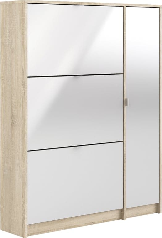 Bilde av Shoes skoskap (99 x 24, H 124 cm,eikefolie/hvit høyglans med 3 skuffer)