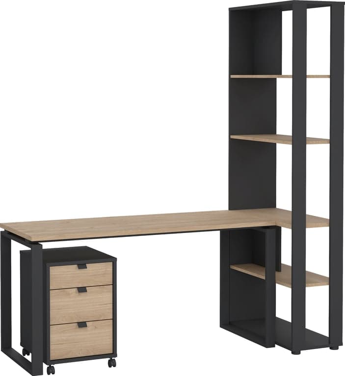 Bilde av Sign skrivebord (B150cm grå/natur m/skuffekassett og bokhylle)