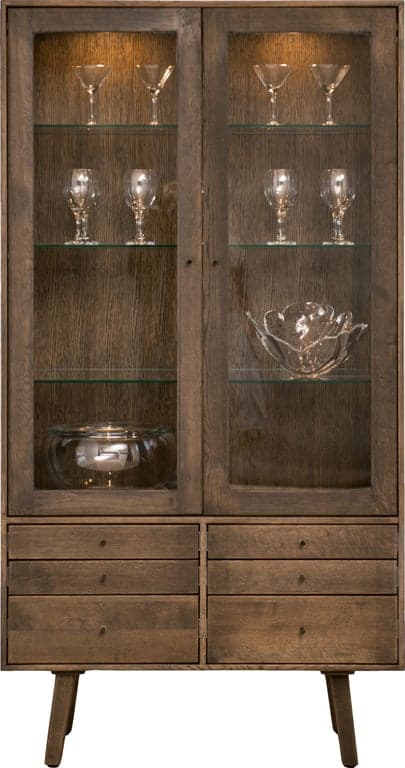 Bilde av Square vitrineskap (92 x 42, H 182 cm. Modulsystem oppsett 161, vitrineskap i mørk smoked, glasshyller, glassdørerr og led lys)