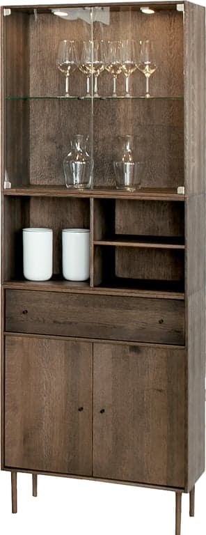 Bilde av Square vitrineskap (71 x 34, H 194 cm. Modulsystem oppsett 168, vitrine bygget op av moduler i mørk smoked eik med led-lys)