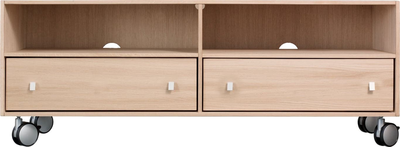 Bilde av Square TV benk (120 x 42, H 42 cm. Modulsystem oppsett 104, TV benk i eik hvitoljet heltre med 2 skuffer og hjul)