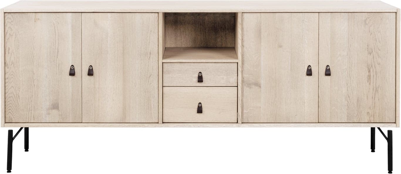 Bilde av Square skjenk (176 x 42, H 76 cm. Modulsystem oppsett 131, lang Skjenk i hvitoljet eik heltre med skuffer og dører samt metallben)