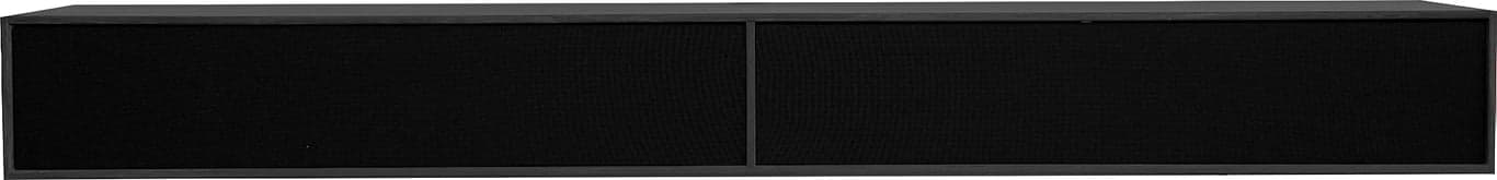 Bilde av Square TV benk (198 x 34, H 22 cm. Modulsystem oppsett 115, malt MDF svart, 2 grå stoff-fronter, som fjernbetjening kan gå gjennom. Fås også i dypde 20 cm samt i mange forskjellige bredder og farger)