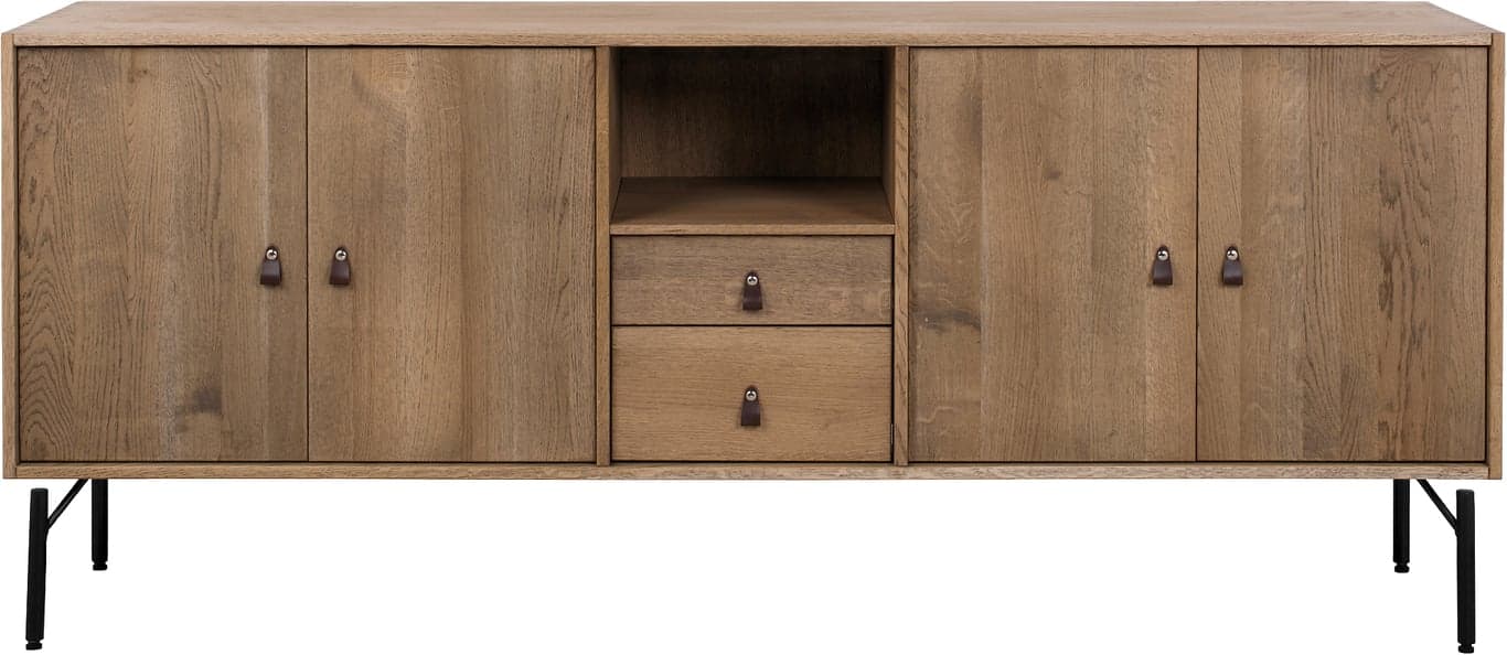 Bilde av Square skjenk (176 x 42, H 76 cm. Modulsystem oppsett 127, lang skjenk i eik lys smoked med svarte metallben, dører og skuffer)