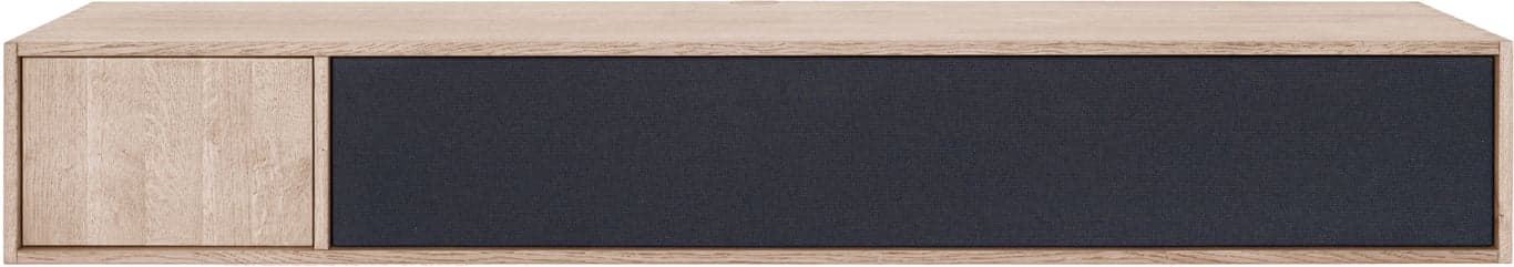 Bilde av Square TV benk (170 x 34, H 25 cm oppsett 164,  i hvitoljet eik med 1 mørkegrå front i stoff og 1 tredør. Fjernbetjening kan gå gjennom stoff-fronten.)