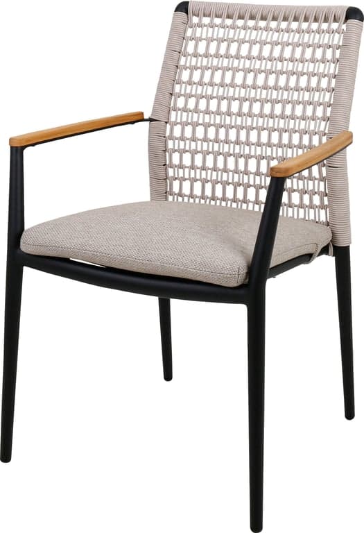 Bilde av Marielle spisestol (Svart m/beige rope, teakdetaljer og vaniljefarget pute)