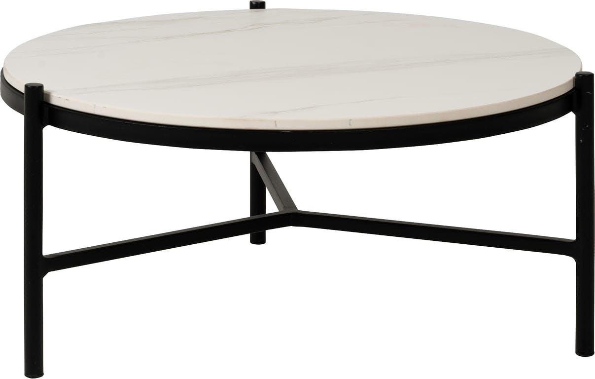 Bilde av Jeremy sofabord Ø 62, H 32 cm (Hagebord svart aluminium, med hvit marmor bordplate i keramisk flis)