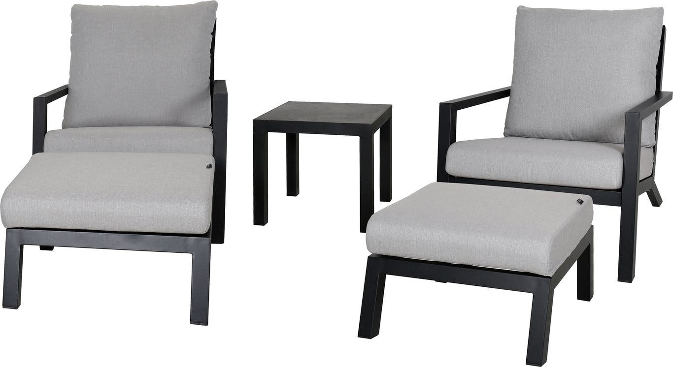 Bilde av Manhattan hagegruppe  (2 stoler med paller, og 1 sofabord i i svartlakkert aluminium, sandfargede puter i Olefin)